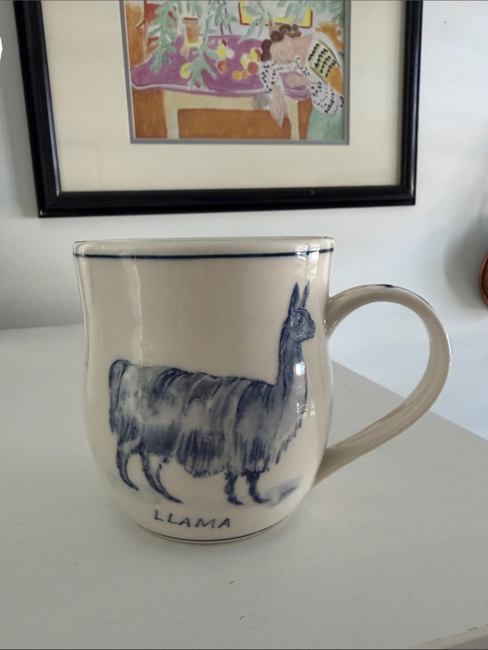 Molly Hatch Anthropologie Llama Ceramic Coffee Mug - Blue on Cream